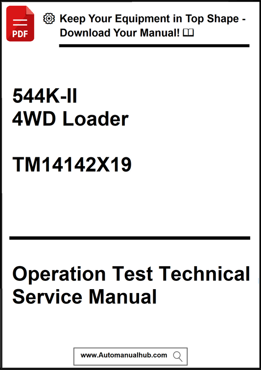 Technical service manual cover for 544K-II 4WD Loader with text and a download prompt.