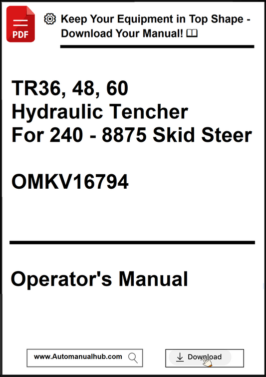 Operator's manual for a hydraulic tencher with product specifications on a white background.