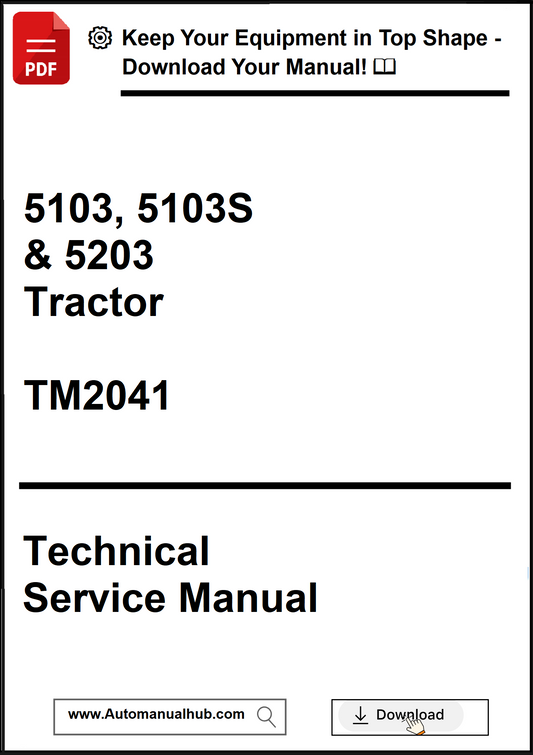 Technical service manual for 5103, 5103S, and 5203 tractors with a download button.