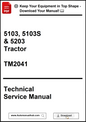 Technical service manual for 5103, 5103S, and 5203 tractors with a download button.