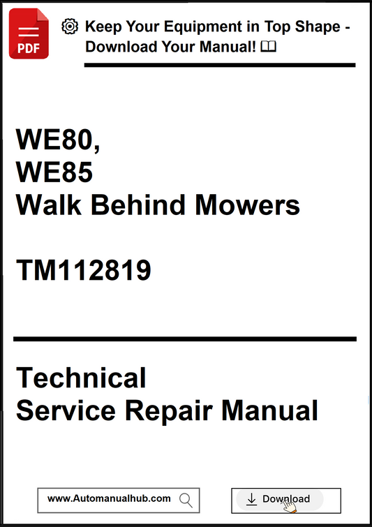 Technical service repair manual for walk-behind mowers with a download prompt.