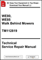 Technical service repair manual for walk-behind mowers with a download prompt.