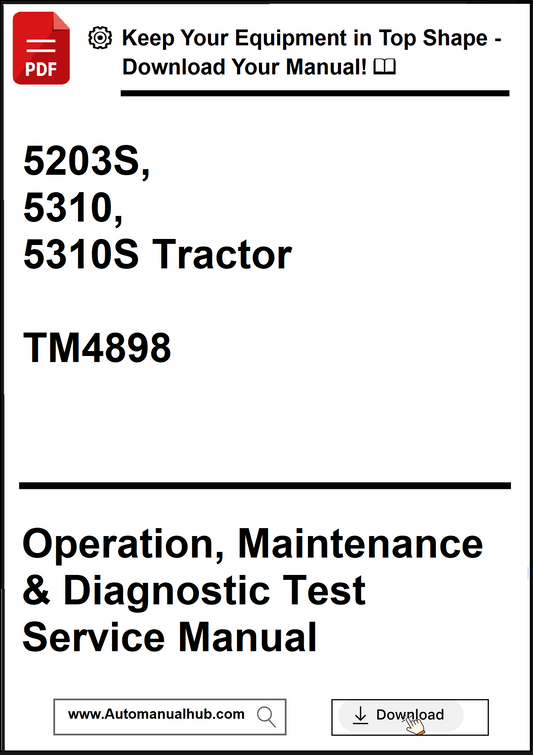 Manual cover for 5203S, 5310, 5310S Tractor with text about operation, maintenance, and diagnostic test service manual.