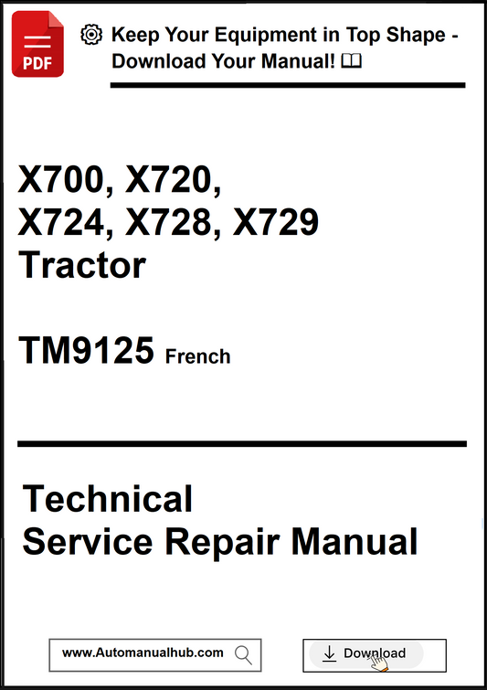 Technical service repair manual for X700-X729 tractor model on a white background