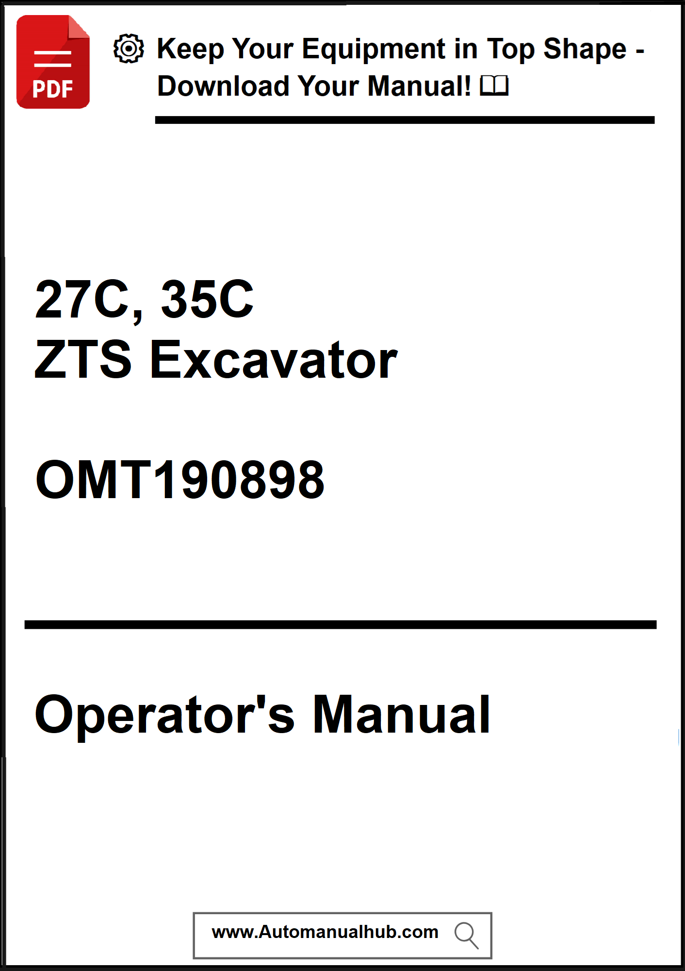 Operator's manual for 27C, 35C ZTS Excavator with download prompt on a white background