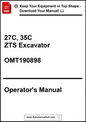 Operator's manual for 27C, 35C ZTS Excavator with download prompt on a white background