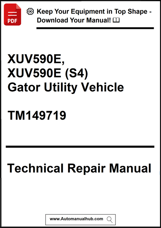 Technical repair manual for XUV590E and XUV590E (S4) Gator Utility Vehicle with a download prompt.
