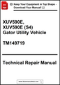 Technical repair manual for XUV590E and XUV590E (S4) Gator Utility Vehicle with a download prompt.