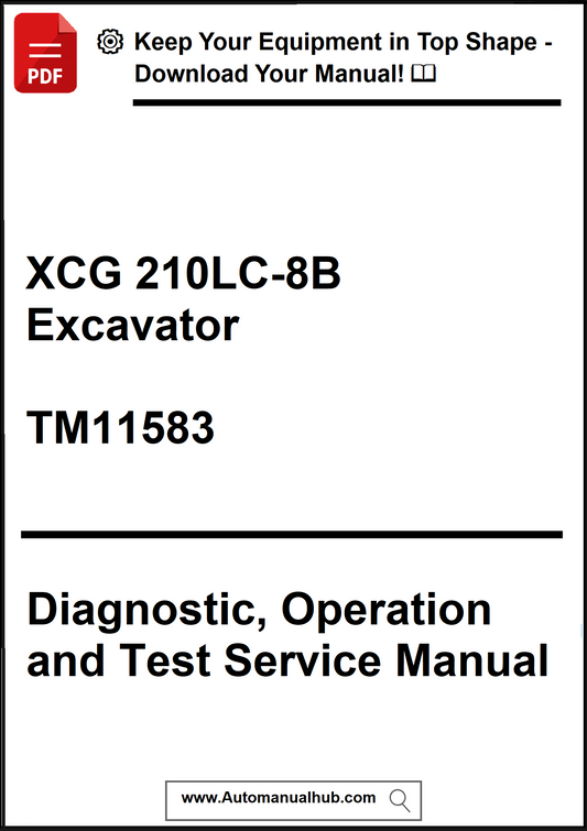 Manual cover for XCG 210LC-8B Excavator Diagnostic, Operation and Test Service Manual with promotional text at the top.