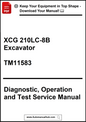 Manual cover for XCG 210LC-8B Excavator Diagnostic, Operation and Test Service Manual with promotional text at the top.