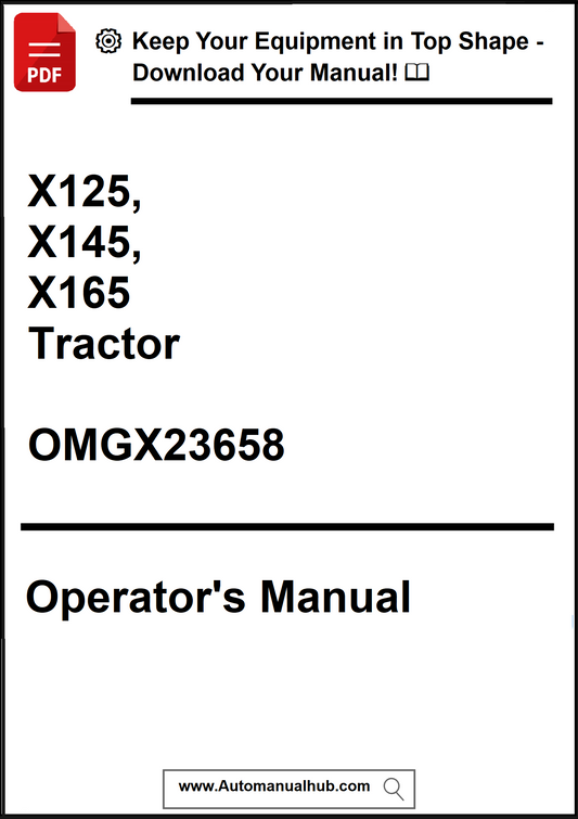 Operator's manual for X125, X145, X165 Tractor with a download prompt on a white background.