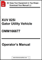 Operator's manual for XUV 825i Gator Utility Vehicle with a download prompt at the top.