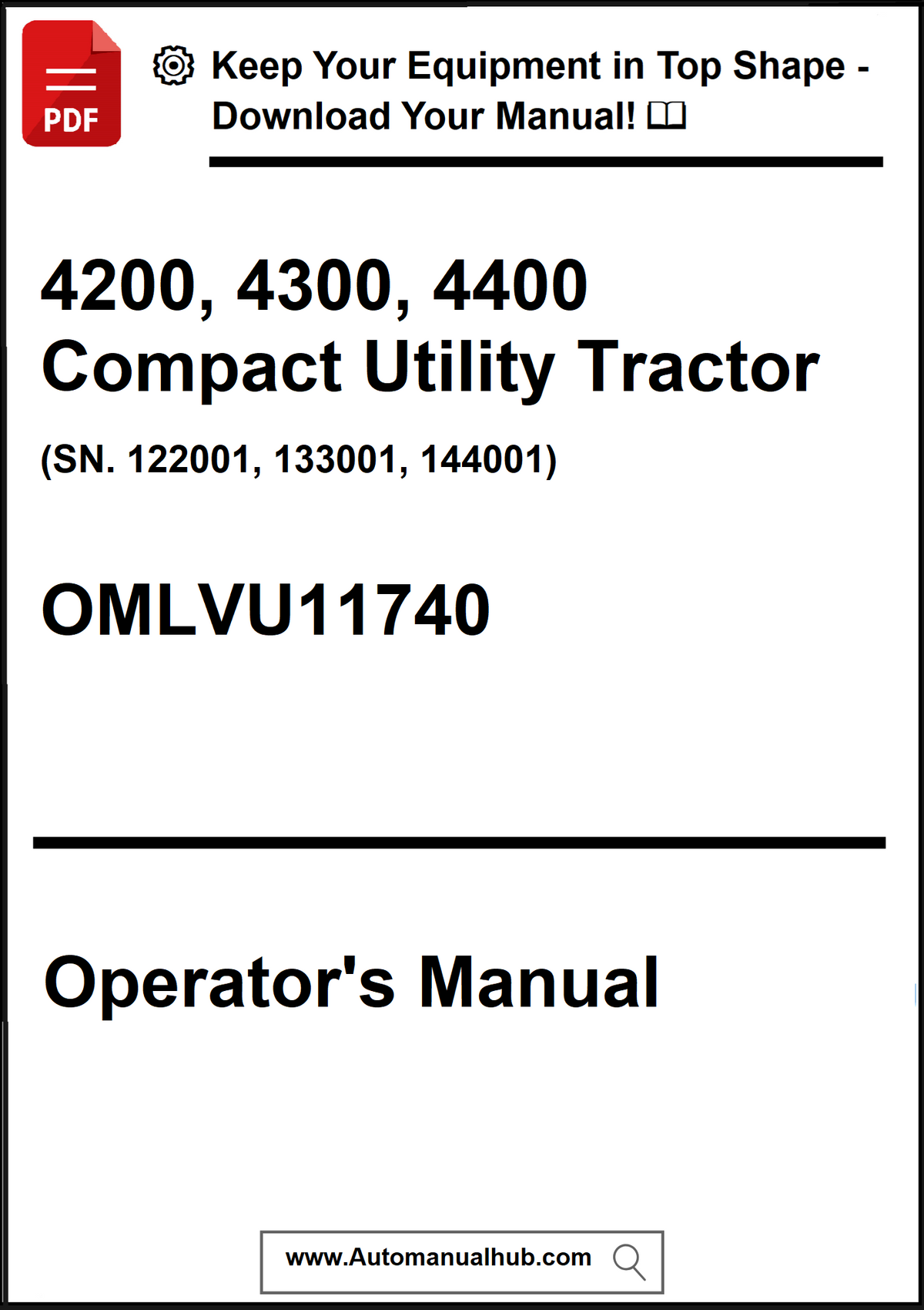 Operator's manual for 4200, 4300, 4400 Compact Utility Tractor with a download prompt.