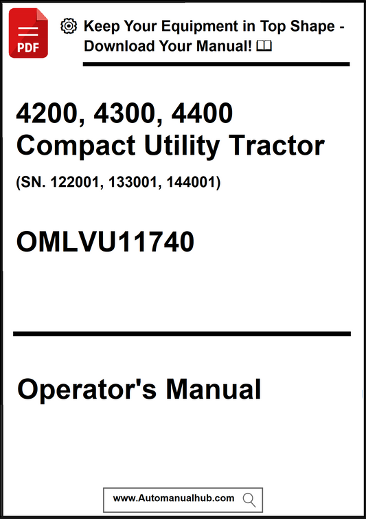 Operator's manual for 4200, 4300, 4400 Compact Utility Tractor with a download prompt.