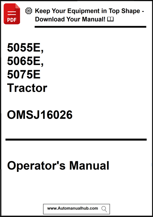 Operator's manual for 5055E, 5065E, 5075E tractors with a download prompt at the top.