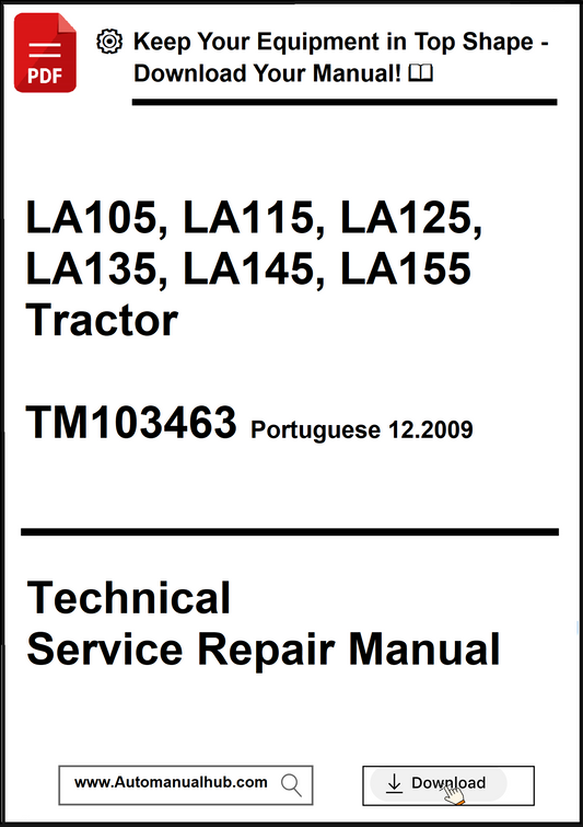 Technical service repair manual for LA105 to LA155 tractors with download options.