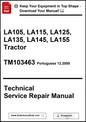 Technical service repair manual for LA105 to LA155 tractors with download options.
