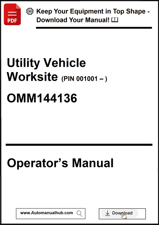 Utility Vehicle Worksite operator's manual with a download prompt on a white background