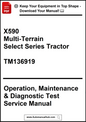 Manual cover for X590 Multi-Terrain Select Series Tractor with text and website URL.