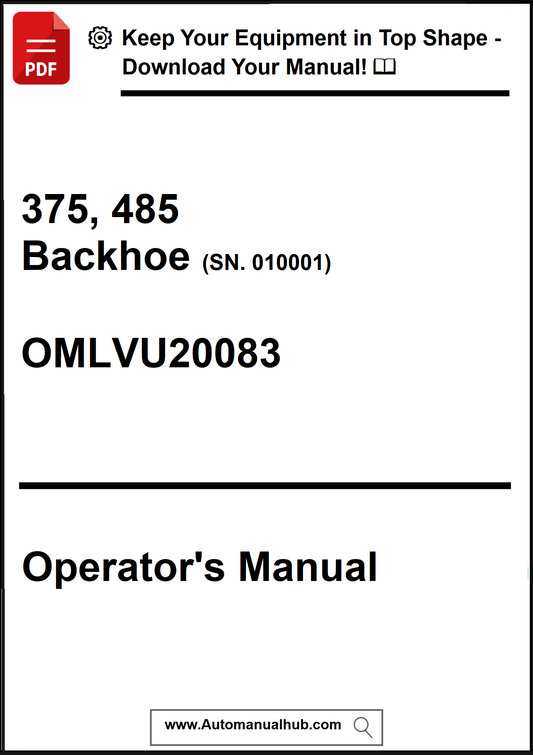 Operator's manual for a 375, 485 Backhoe with model number OMLVU20083 on a white background.