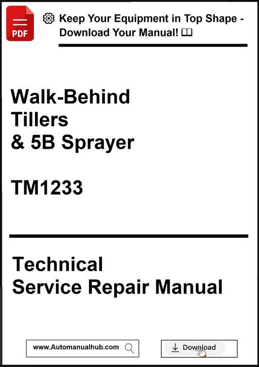 Technical service repair manual for walk-behind tillers and 5B sprayer with download link.