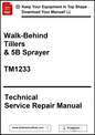 Technical service repair manual for walk-behind tillers and 5B sprayer with download link.