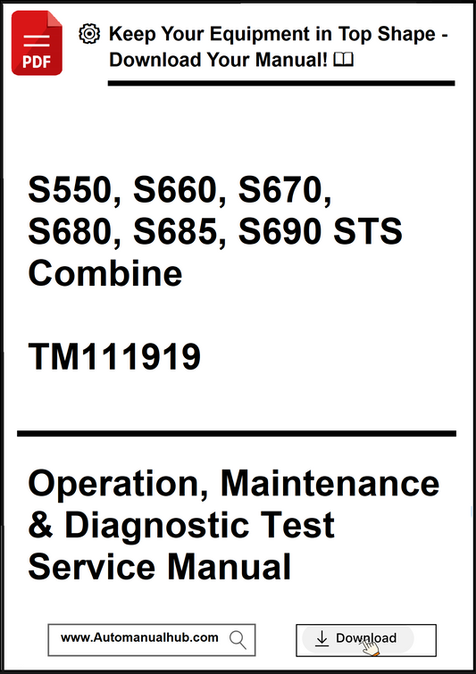 Manual cover for John Deere combine models S550 to S690 STS with download information.