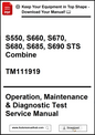 Manual cover for John Deere combine models S550 to S690 STS with download information.