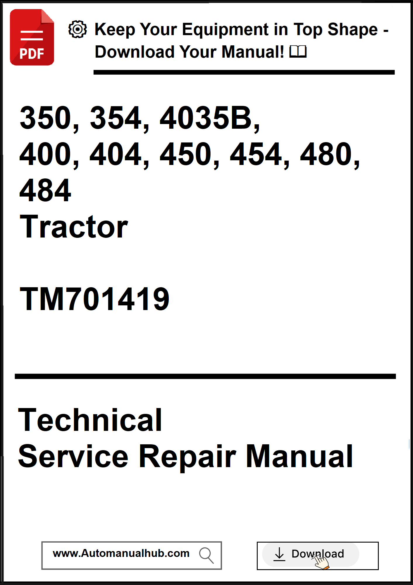 Technical Service Repair Manual for tractors with model numbers and a download prompt.
