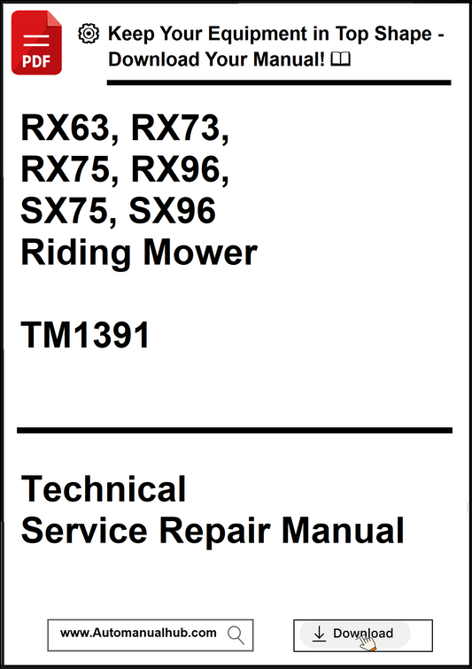 Technical service repair manual cover for riding mowers with model numbers and download information.