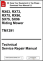 Technical service repair manual cover for riding mowers with model numbers and download information.