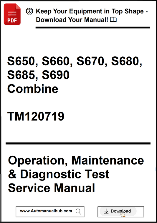 Manual cover for John Deere combine models S650 to S690 with text about operation, maintenance, and diagnostic test service.