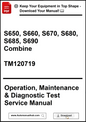 Manual cover for John Deere combine models S650 to S690 with text about operation, maintenance, and diagnostic test service.