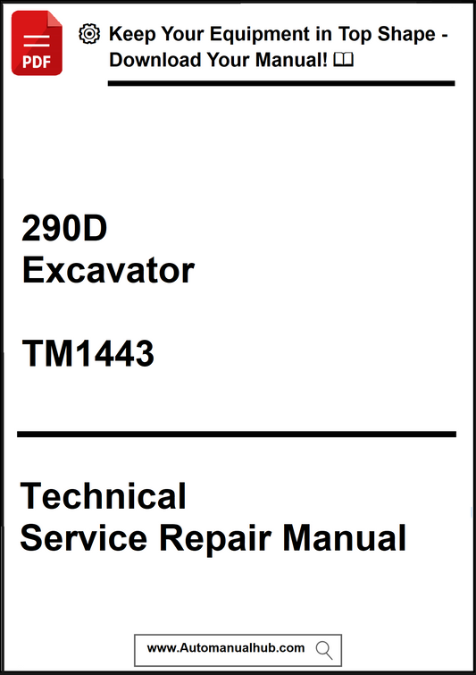 Technical Service Repair Manual for 290D Excavator model TM1443 on a white background