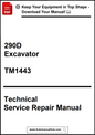 Technical Service Repair Manual for 290D Excavator model TM1443 on a white background