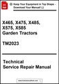Technical service repair manual for X465, X475, X485, X575, X585 garden tractors with a download prompt.