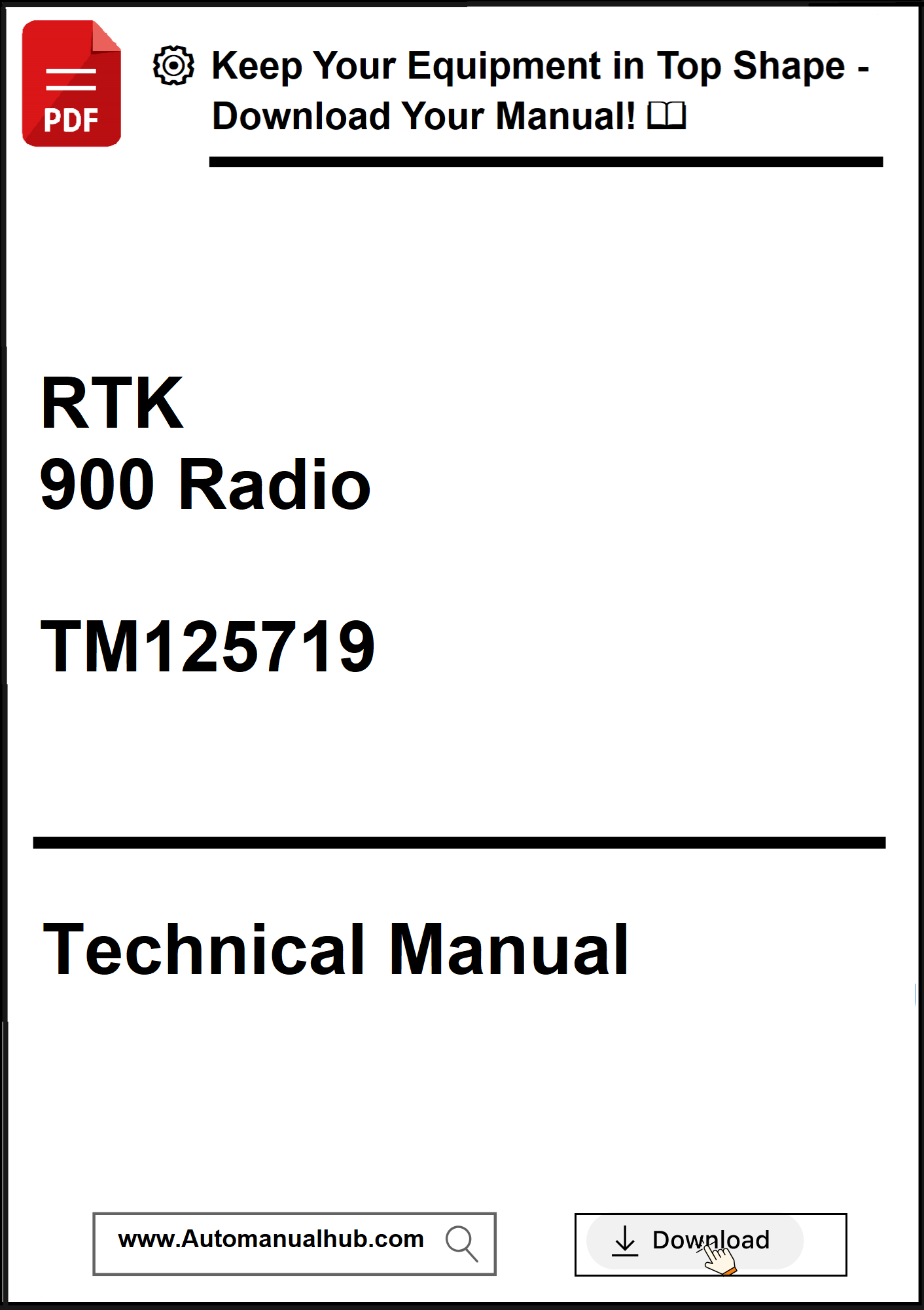 Technical manual cover for RTK 900 Radio with download prompt