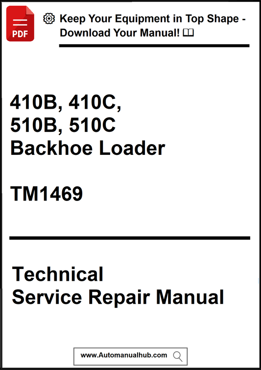 Technical service repair manual for 410B, 410C, 510B, 510C backhoe loaders with a download prompt.