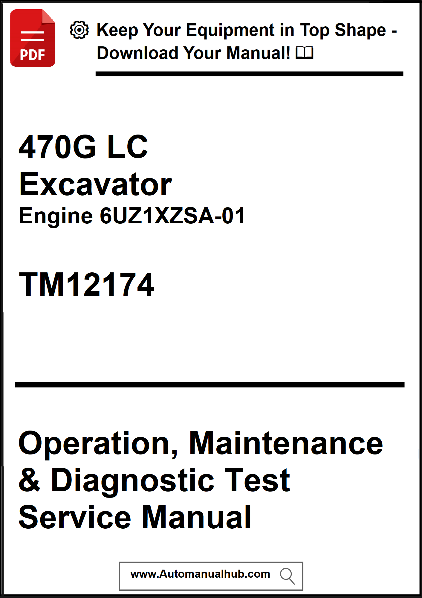 Manual cover for 470G LC Excavator with engine details and service manual text.