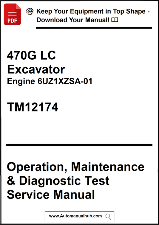 Manual cover for 470G LC Excavator with engine details and service manual text.