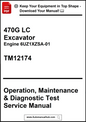 Manual cover for 470G LC Excavator with engine details and service manual text.