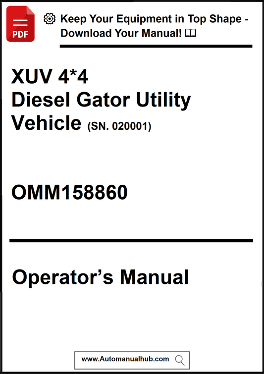 Operator's manual for a Diesel Gator Utility Vehicle with contact information and website URL.