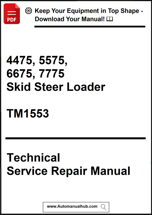 Technical Service Repair Manual for skid steer loaders with contact information.