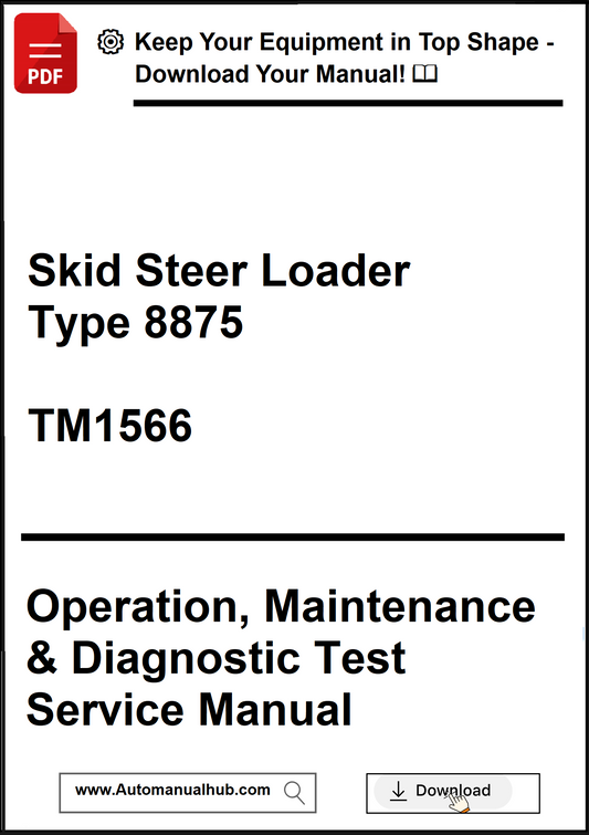 Manual cover for Skid Steer Loader Type 8875 with text about operation, maintenance, and diagnostic test service.