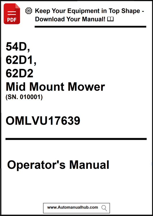 Operator's manual for a mid-mount mower with model numbers 54D, 62D1, and 62D2 on a white background.
