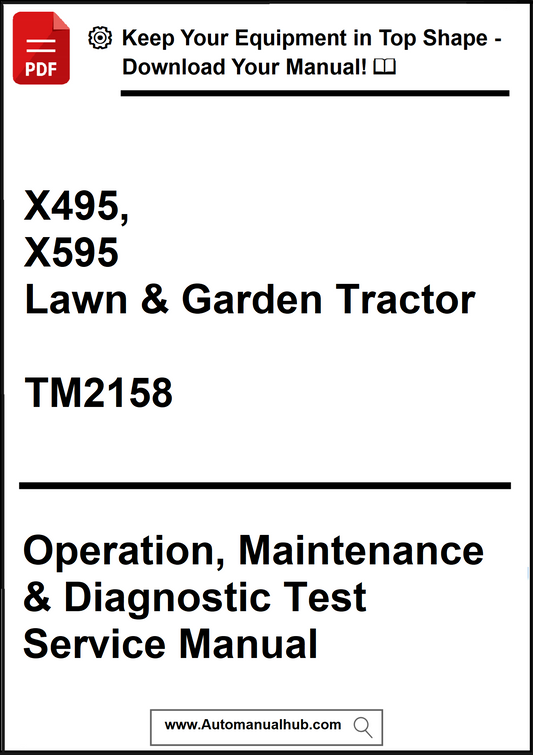 Manual cover for X495 and X595 lawn and garden tractor with operation, maintenance, and diagnostic test service details.