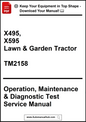 Manual cover for X495 and X595 lawn and garden tractor with operation, maintenance, and diagnostic test service details.