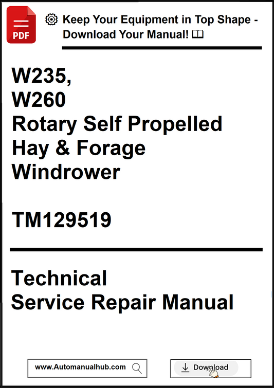 Technical service repair manual for rotary self-propelled hay and forage windrower with download link.