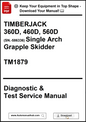 Cover of a diagnostic and test service manual for Timberjack grapple skidders with contact information.