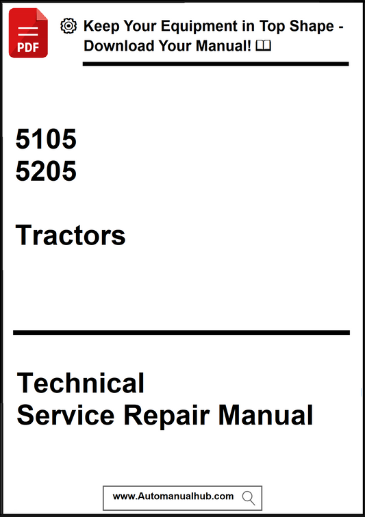 Technical service repair manual for 5105 and 5205 tractors with a download offer on a white background.